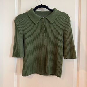 Green Ribbed Knit Polo Sweater